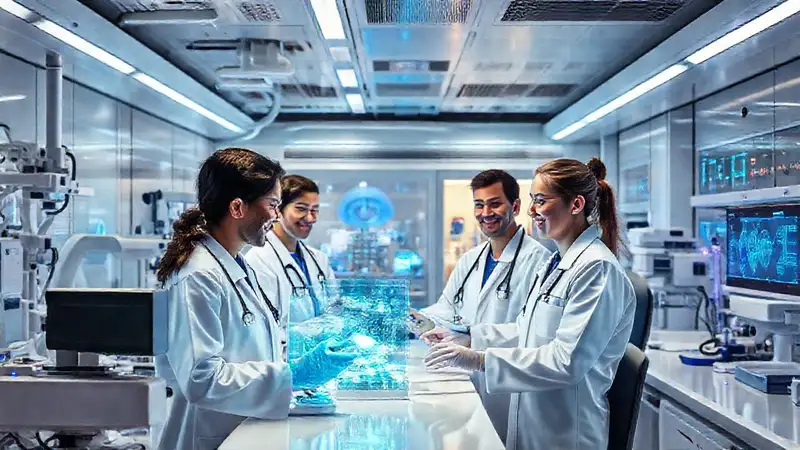 Laboratorio biomédico futurista con ingenieros colaborando