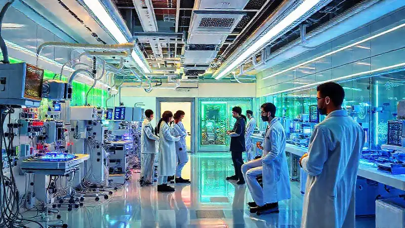 Laboratorio biomédico futurista con innovación y colaboración
