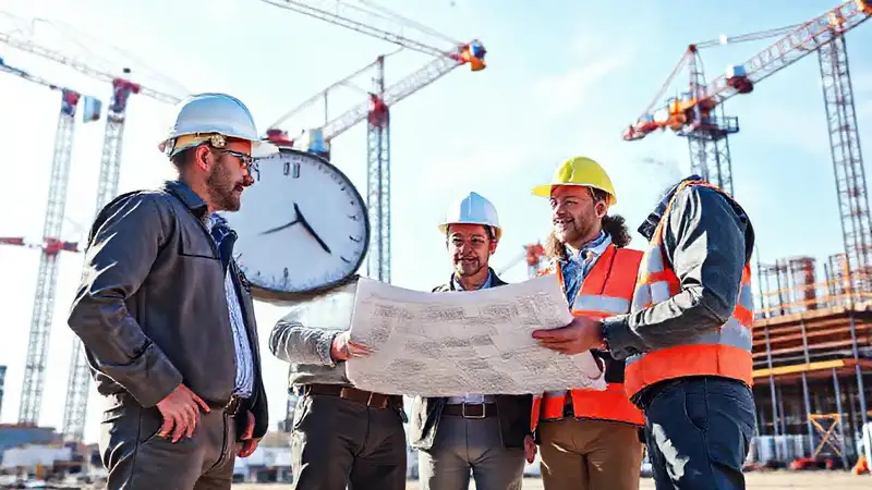 Ingenieros planificando en obra moderna y optimista