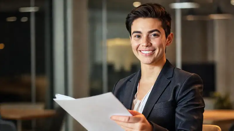 Joven profesional listo para entrevista en oficina moderna