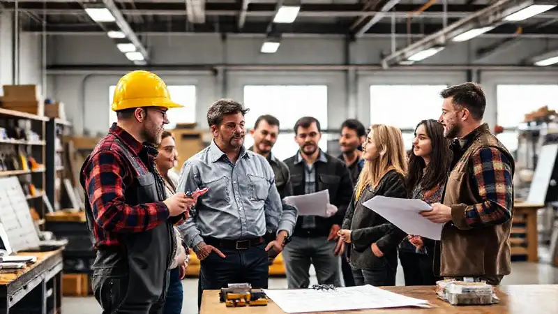 Ingeniero guía a colegas en taller colaborativo