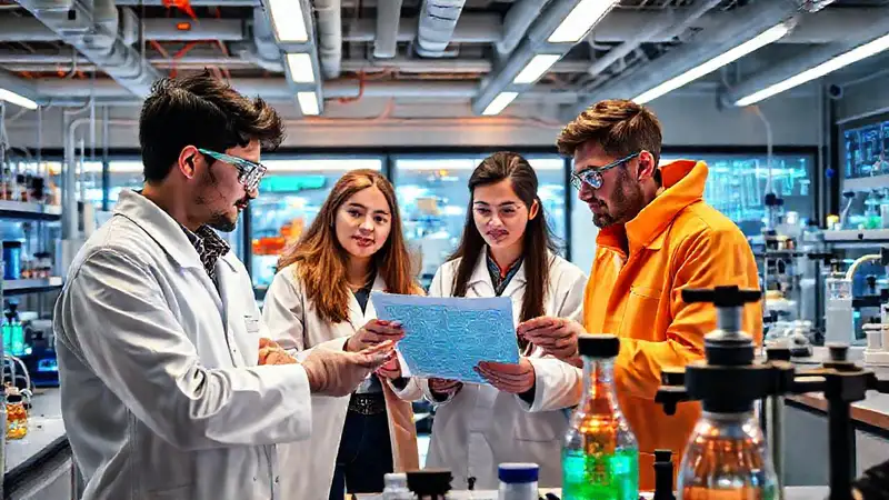 Ingenieros jóvenes trabajan en laboratorio innovador futurista