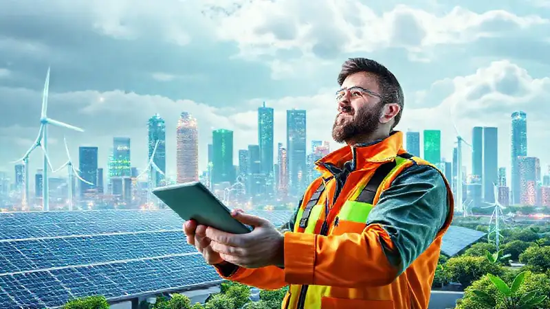 Ingeniero inspecciona maquinaria ecológica futurista