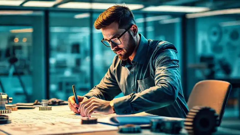 Ingeniero trabajando en planos en oficina moderna