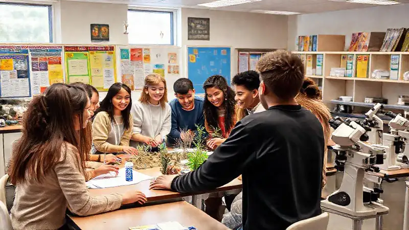 Estudiantes colaboran en aula de biología