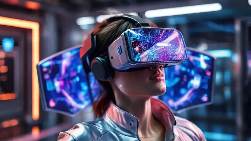 Pantalla VR flexible en moderno headset futurista