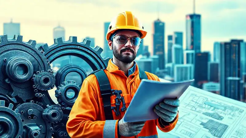 Ingeniero moderno con engranajes y herramientas digitales