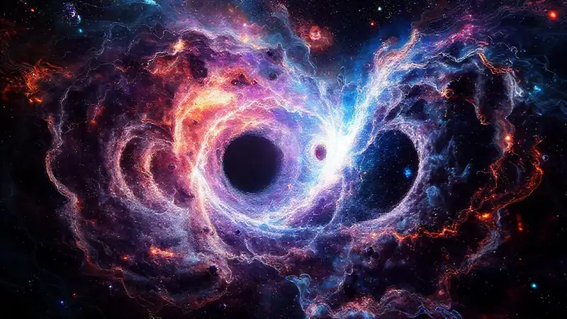Universo futurista con agujeros negros y fractales