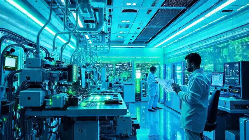 Laboratorio futurista con tecnología avanzada y análisis
