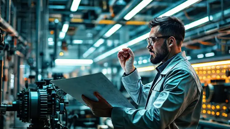 Ingeniero revisa diagramas en laboratorio futurista