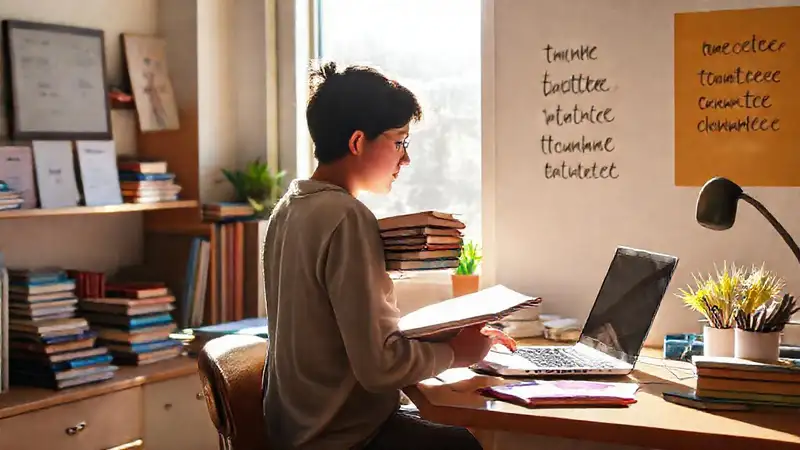 Estudiante estudia en un espacio motivador y organizado