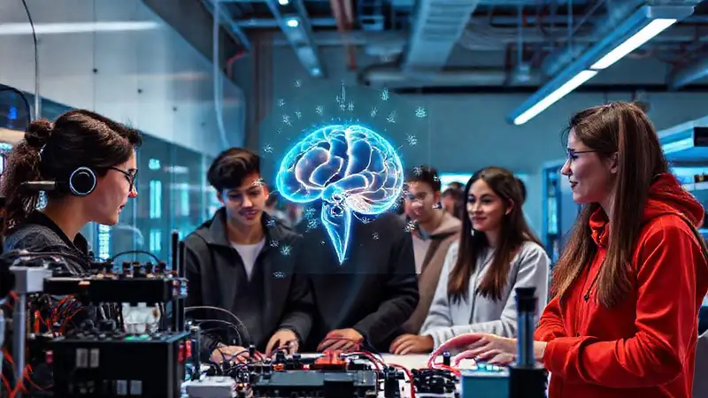 Estudiantes innovando con tecnología futurista