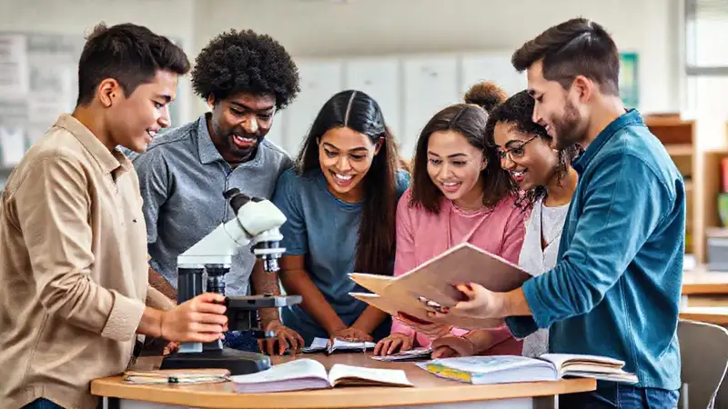 Estudiantes colaborando en un ambiente motivado