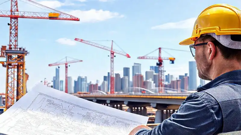 Plano de construcción con puente y grúas