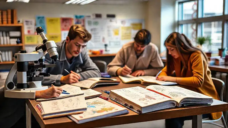Materiales, notas y estudiantes en aula moderna