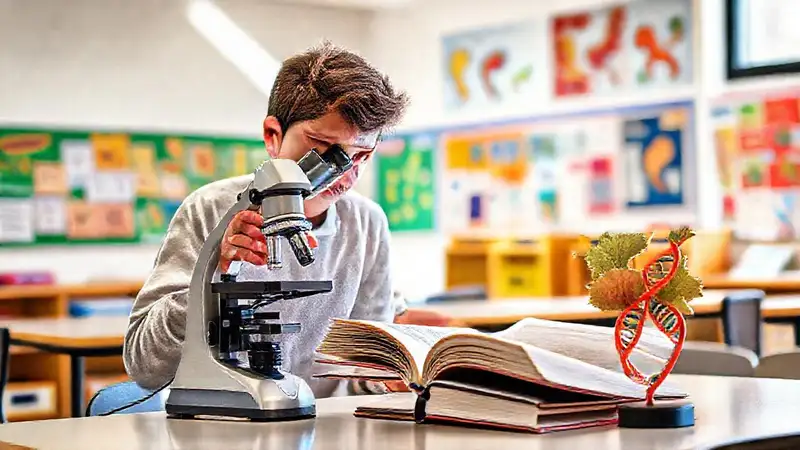 Estudiante estudia biología en aula moderna