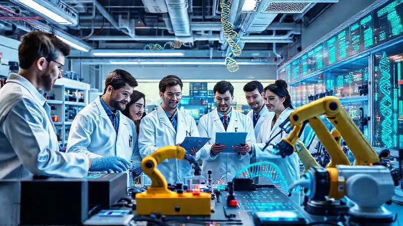 Ingenieros biomédicos en laboratorio futurista avanzado