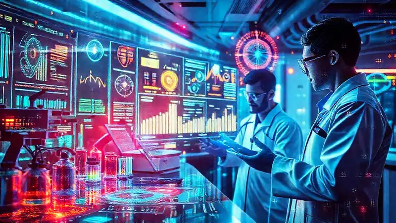Laboratorio futurista con datos y ciencia avanzada