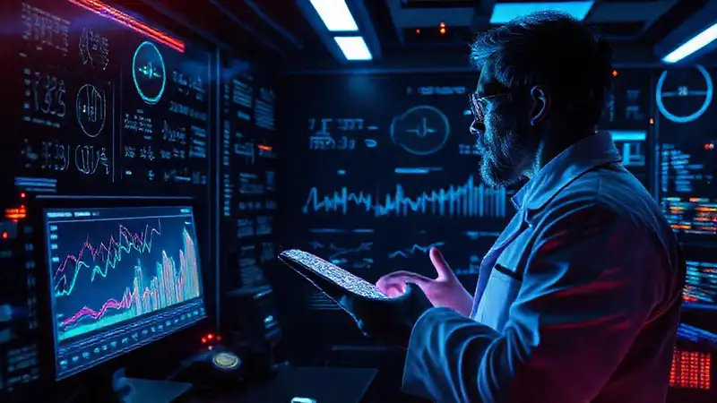 Laboratorio futurista con pantallas holográficas y datos