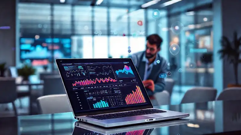 Analistas analizan datos en interfaz futurista