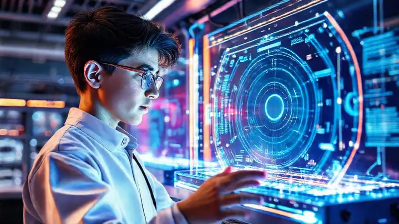 Estudiante analizando hologramas en computadora cuántica futurista