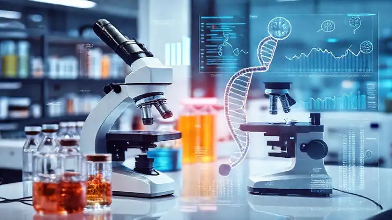 Laboratorio científico con microscopio y datos