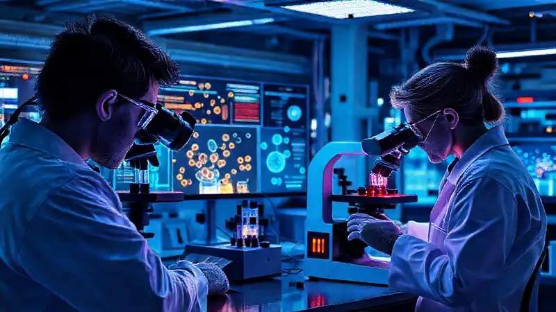 Laboratorio futurista con científicos y microscopios digitales
