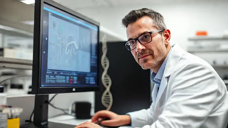 Científico analiza datos en laboratorio moderno