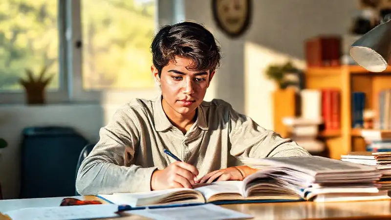 Estudiante estudiando en calma con notas