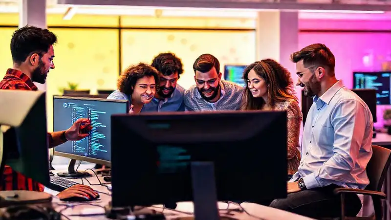 Equipo diverso colaborando en tecnología y creatividad
