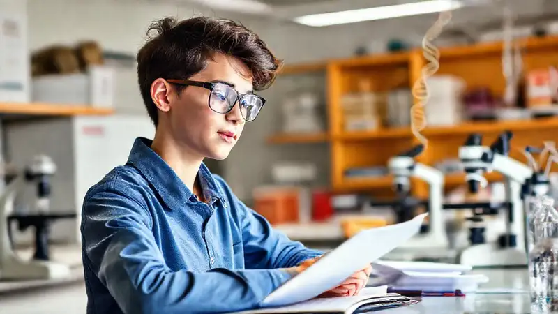 Estudiante estudiando biología en laboratorio organizado