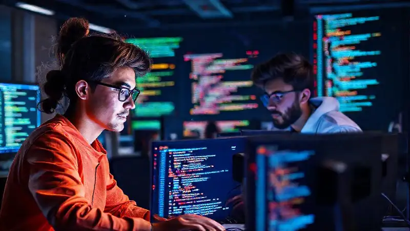 Estudiantes programando en un ambiente moderno y vibrante