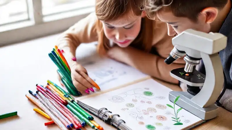 Cuaderno de biología con material educativo colorido