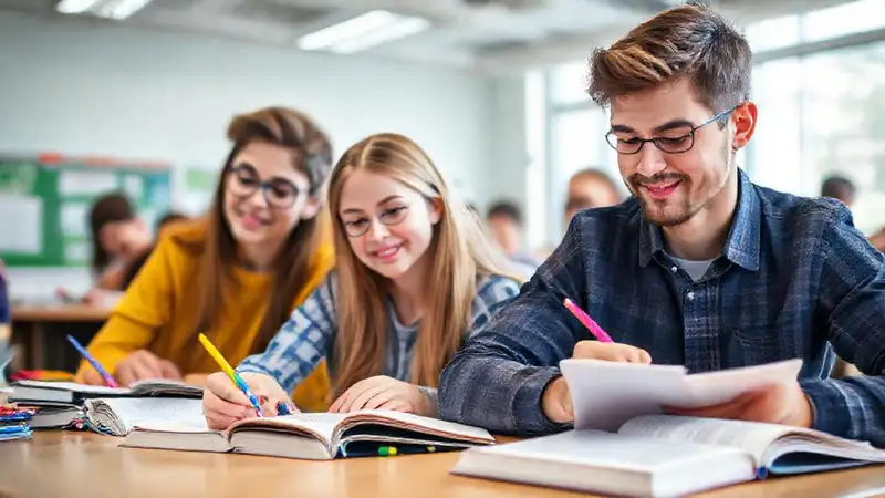 Estudiantes tomando notas en un aula moderna