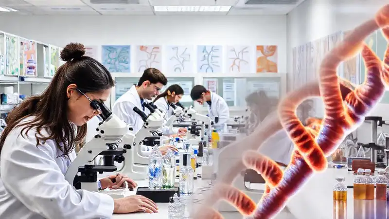 Laboratorio científico con investigadores y equipos modernos