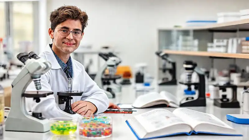 Joven bióloga en laboratorio ordenado y colorido