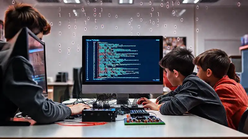 Estudiantes aprendiendo tecnología en aula moderna
