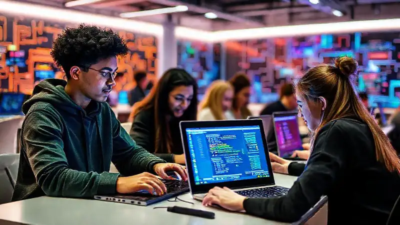 Estudiantes programando en aula moderna y colorida