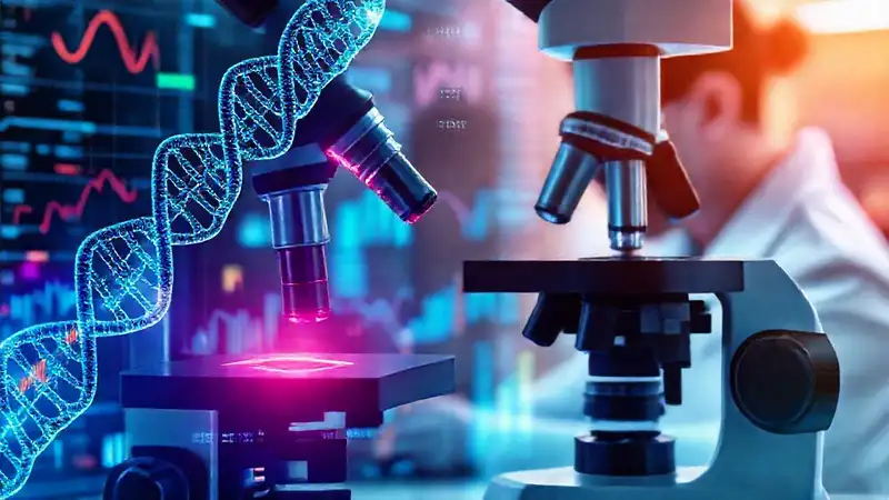 Laboratorio científico con microscopio y datos digitales