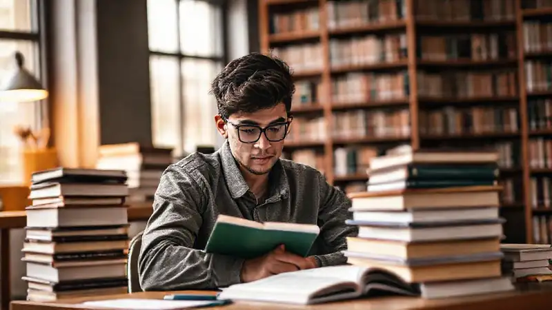 Estudiante estudia en biblioteca con motivación