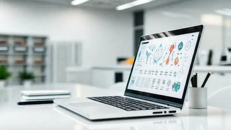 Portátil con diagramas y herramientas médicas
