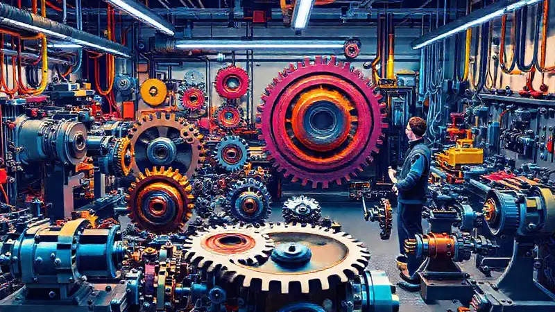 Taller de ingeniería con estudiantes y maquinaria avanzada