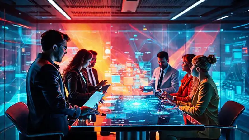 Oficina futurista con equipo diverso y tecnología avanzada