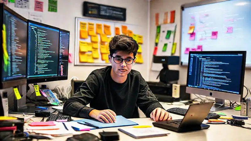 Estudiante en escritorio ordenado y enfocado