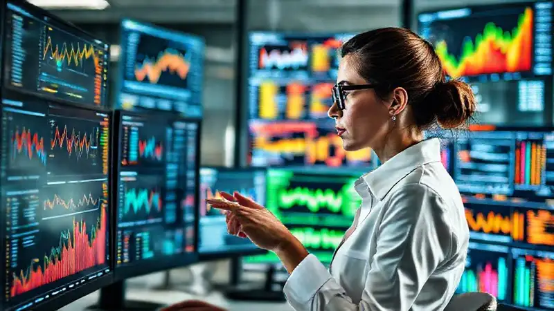 Mujer profesional analizando datos en oficina moderna