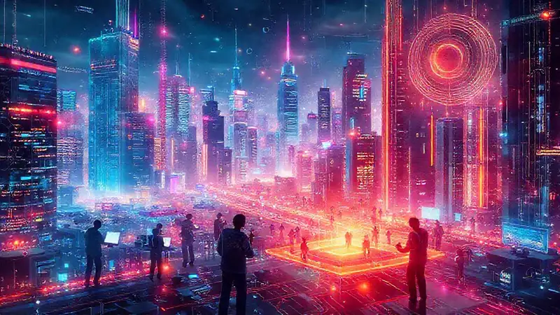 Ciudad futurista con hologramas y colaboración