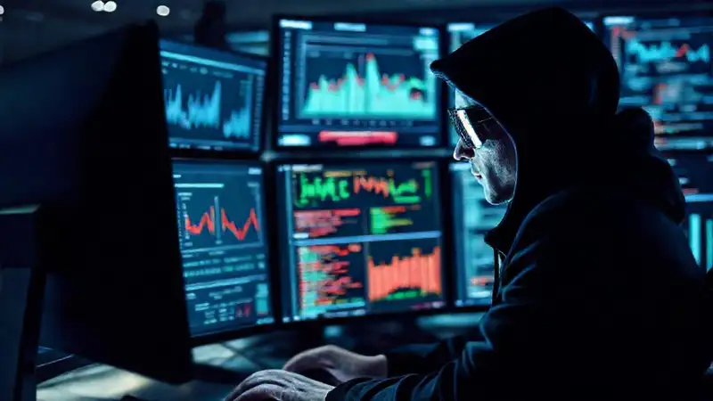 Hacker analiza ciberseguridad en oficina moderna