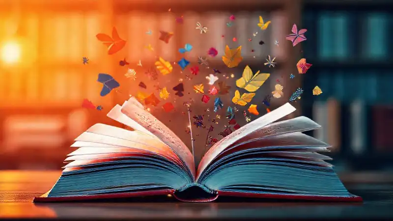 Libro abierto con páginas brillantes y coloridas