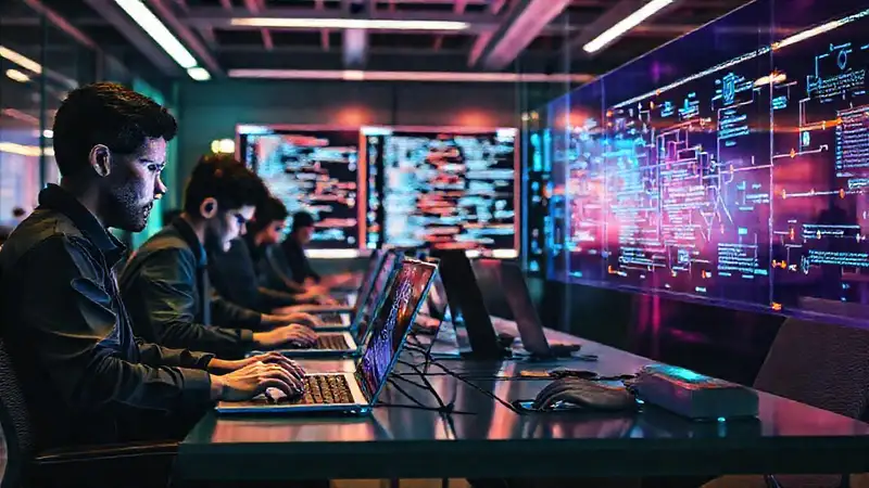Profesionales tecnológicos trabajando en un entorno futurista