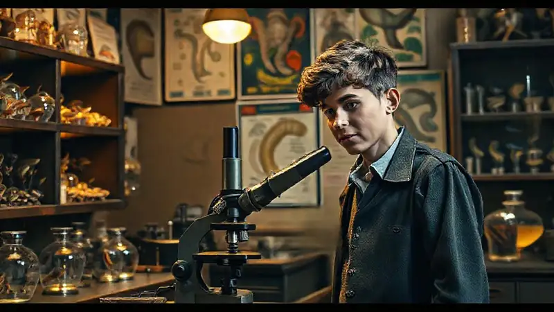 Laboratorio vintage con estudiante explorando ciencias